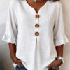 Summer Ruffled-Sleeve Top Loose Casual V-Neck Buttons Short-sleeved Shirts Women's Clothing