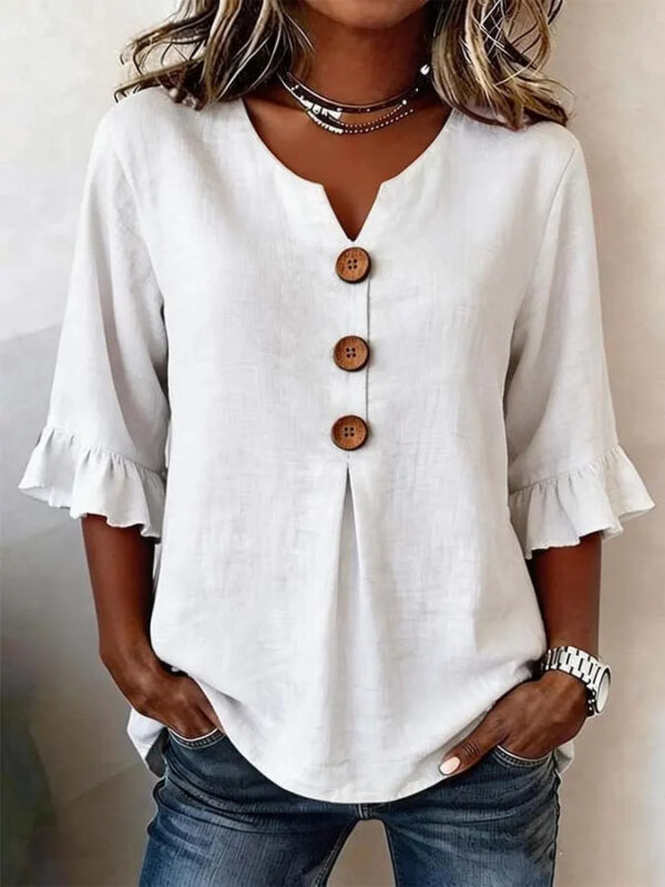 Summer Ruffled-Sleeve Top Loose Casual V-Neck Buttons Short-sleeved Shirts Women's Clothing