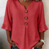 Summer Ruffled-Sleeve Top Loose Casual V-Neck Buttons Short-sleeved Shirts Women's Clothing