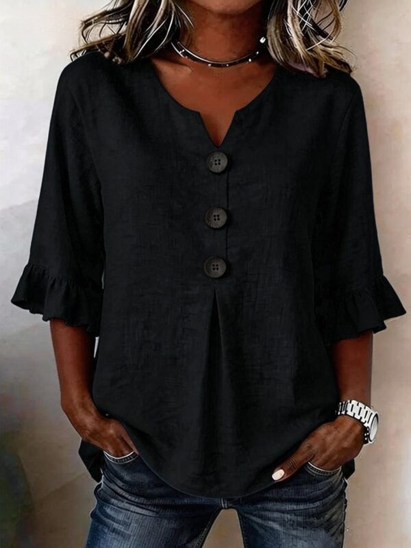 Summer Ruffled-Sleeve Top Loose Casual V-Neck Buttons Short-sleeved Shirts Women's Clothing