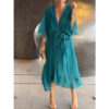 Batwing Sleeve V-neck Dress Summer Pure Color Tied Irregular Long Dresses Womens Clothing