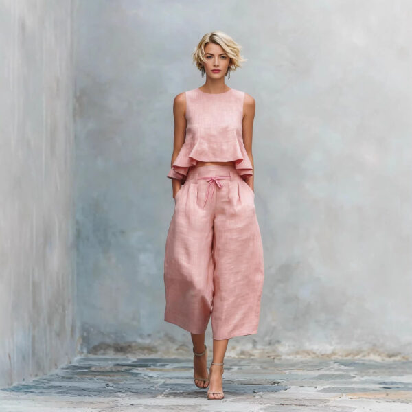 Ruffled Suits Summer Round Neck Sleeveless Top And Loose Wide-leg Pants Casual Fashion Straight Trouser Set