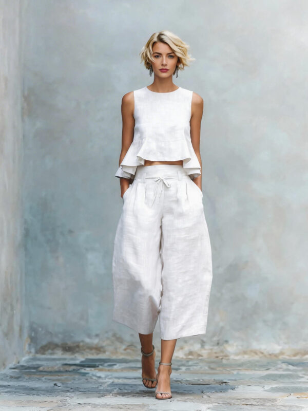 Ruffled Suits Summer Round Neck Sleeveless Top And Loose Wide-leg Pants Casual Fashion Straight Trouser Set