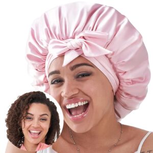 Gorro de seda para dormir para mujeres, gorro de satén para dormir para cabello ondulado, rizado y natural para mujeres y hombres - Rosa