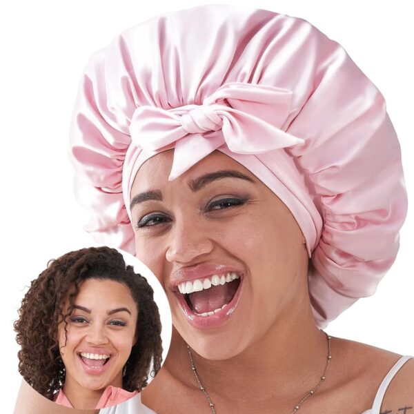 70703da5-8cb9-4552-931d-3cb12bab0a9a.jpg Gorro de seda para dormir para mujeres, gorro de satén para dormir para cabello ondulado, rizado y natural para mujeres y hombres - Rosa